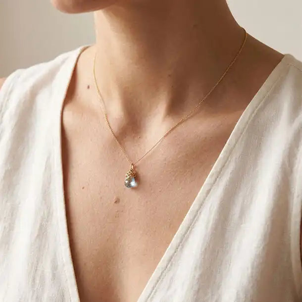 Handmade designer aquamarine pendant necklace shown on model variant--Gold-fill, variant--Rose-gold-fill, variant--Sterling-silver, variant--Oxidized-sterling-silver variant--Aquamarine