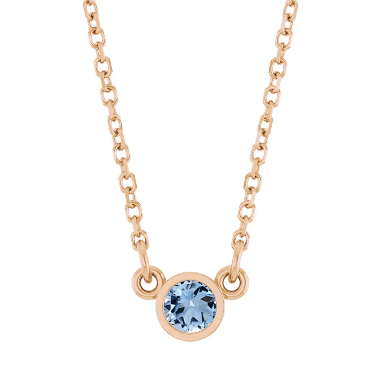 Bezel-set aquamarine birthstone necklace in 14K rose gold, product view variant--14K-rose-gold variant--Aquamarine