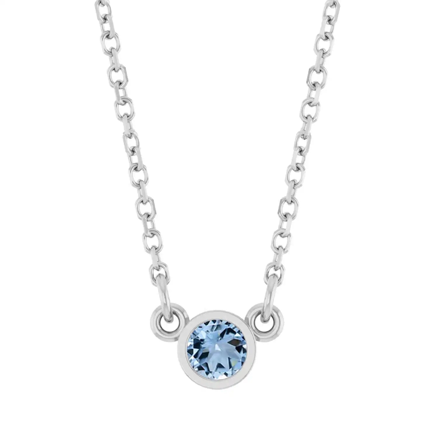 Bezel-set aquamarine birthstone necklace in 14K white gold, pendant detail