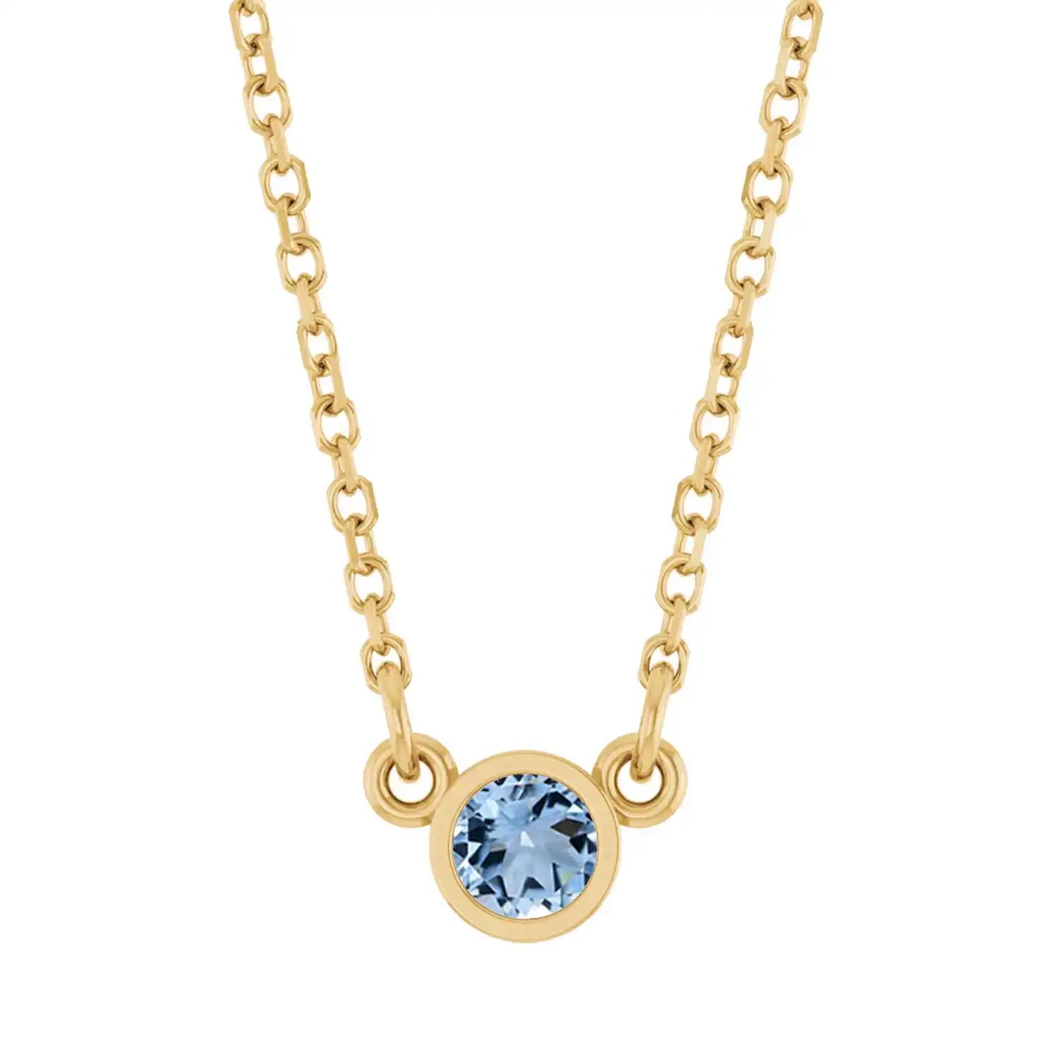 Bezel-set aquamarine birthstone necklace in 14K yellow gold, product view