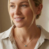 March birthstone necklace featuring pale blue aquamarine shown on model variant--14K-yellow-gold variant--14K-white-gold variant--14K-rose-gold variant--Sterling-silver variant--Aquamarine