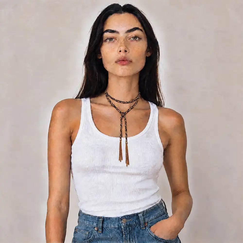 Black braided chain and silk lariat necklace in 14K gold-fill, wrapped on model