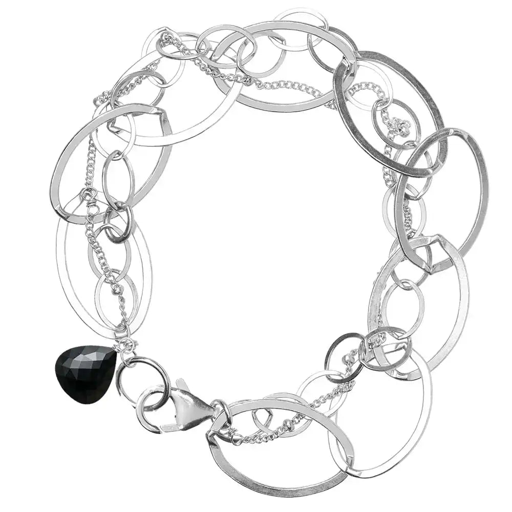 Natural black sapphire woven chain bracelet in sterling silver, side view detail silver variant--Sterling-silver