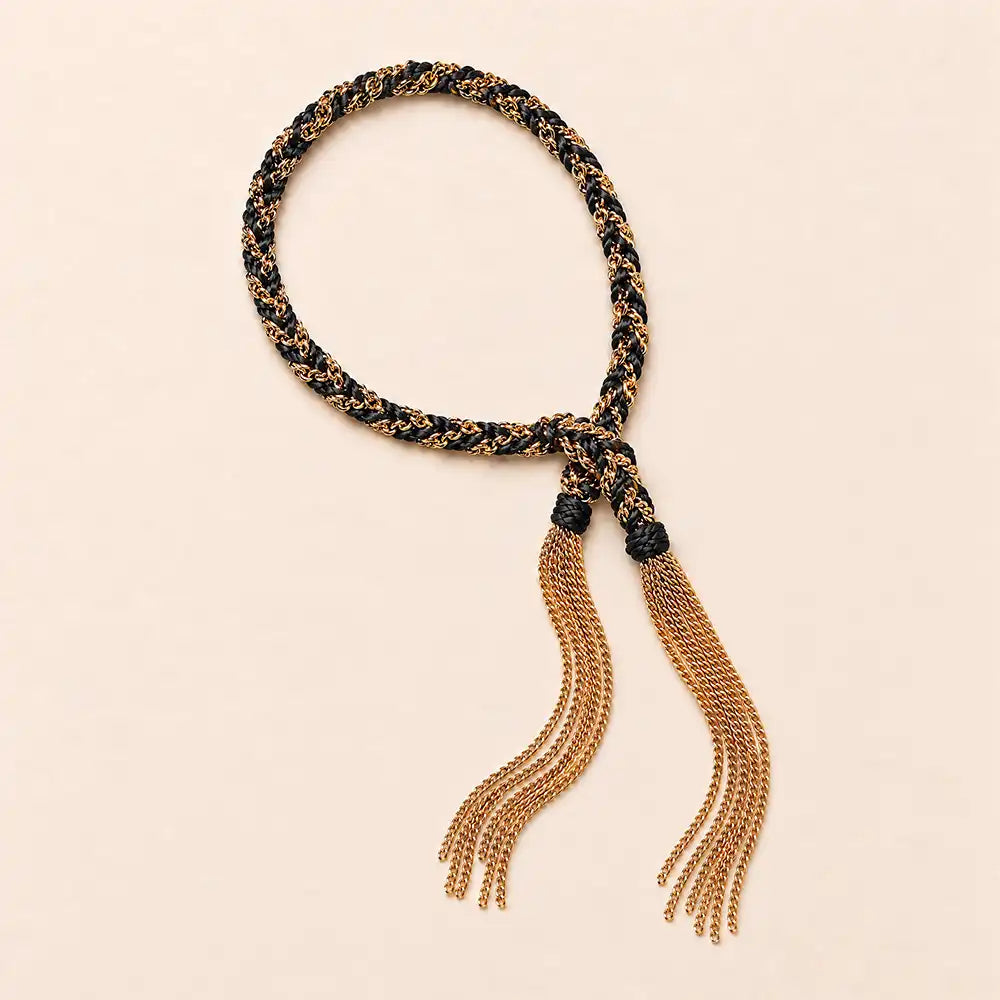 Black braided chain and silk tassel bracelet in 14K gold-fill, flat lay