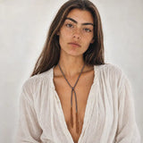 Blue braided chain and silk lariat necklace in 14K gold-fill, worn long on model