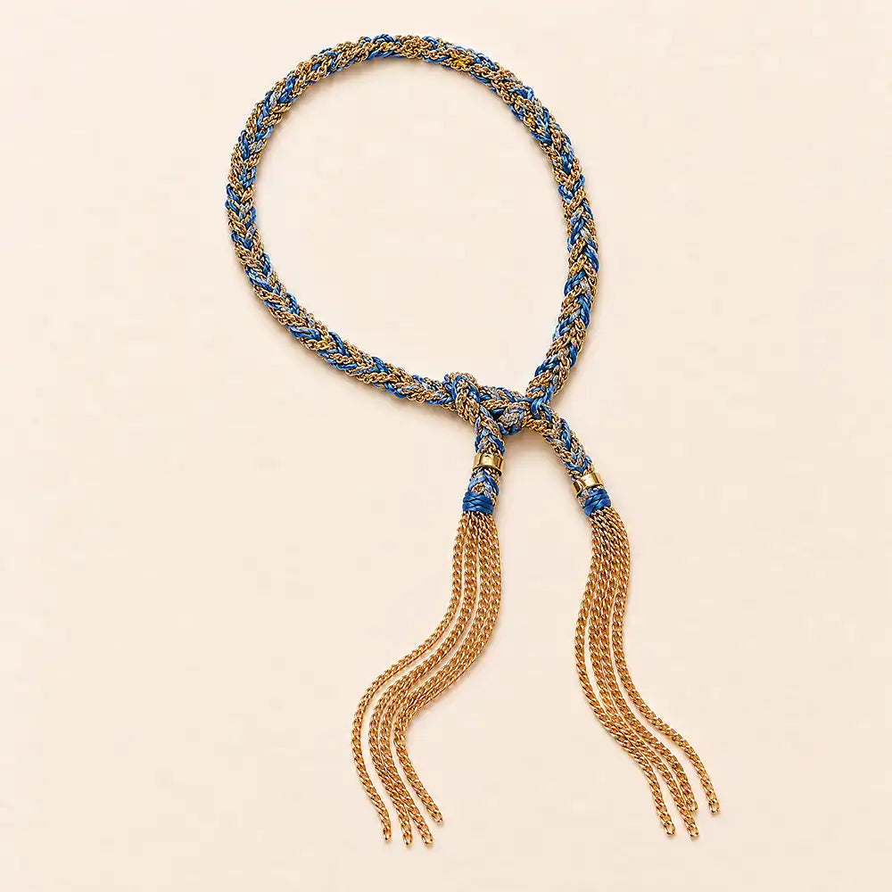 Blue braided chain and silk tassel bracelet in 14K gold-fill, flat lay