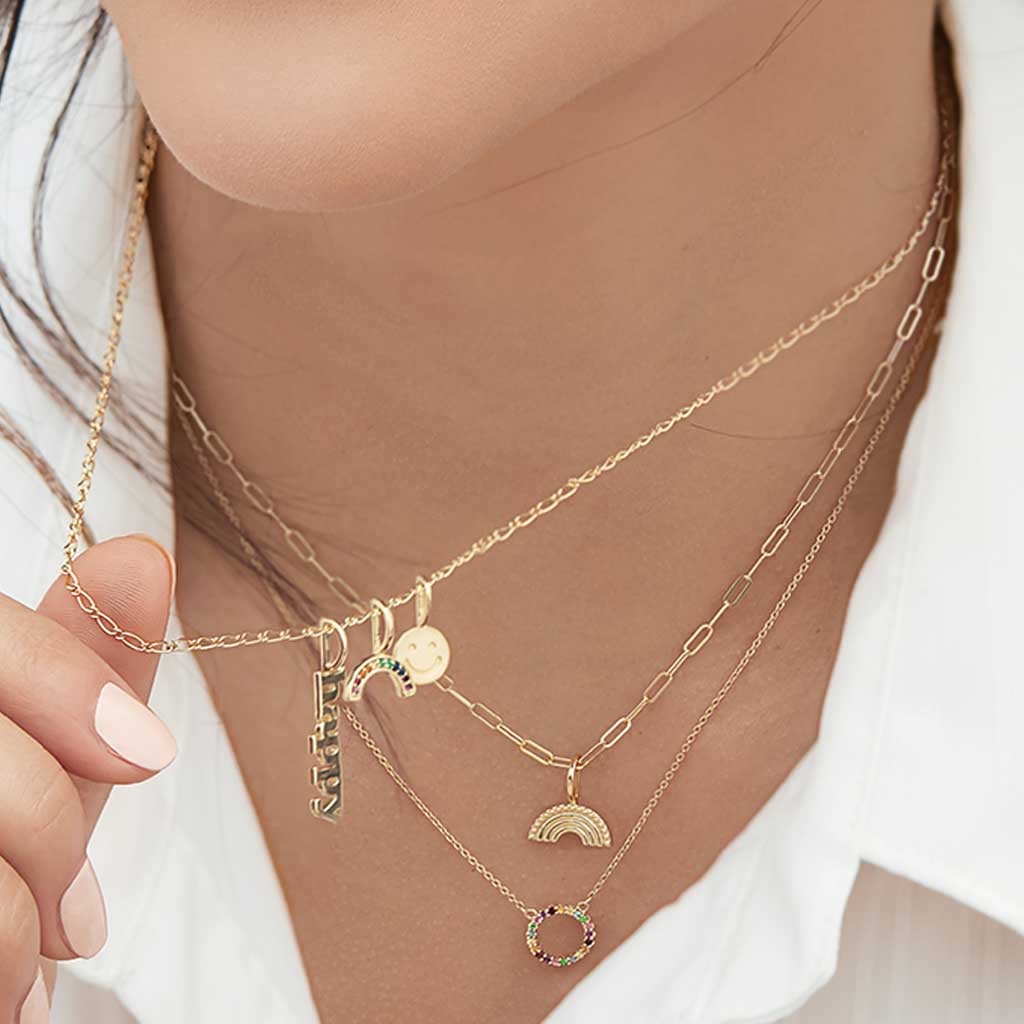 gold whisper paper clip chain everyday wear on model