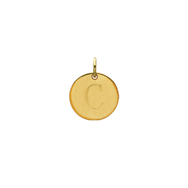 Engraved initial C disc charm in gold-fill, front view variant--C variant--Gold-fill