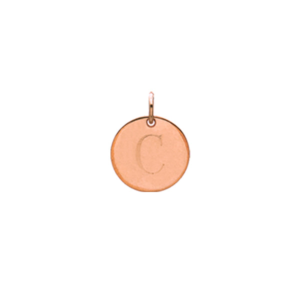 Engraved initial C disc charm in rose gold-fill, front view gold-fill variant--C variant--Rose-gold-fill
