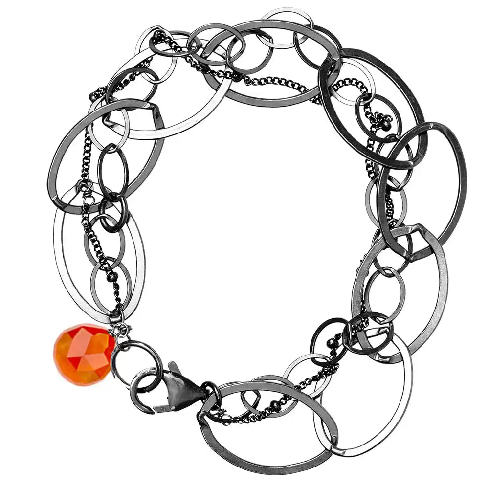 Natural carnelian woven chain bracelet in sterling silver, flat lay on neutral background sterling silver variant--Oxidized-sterling-silver