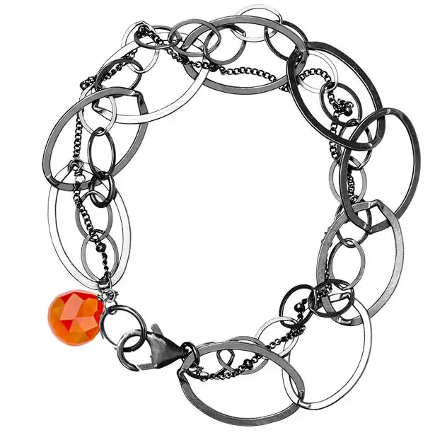 Natural carnelian woven chain bracelet in sterling silver, flat lay on neutral background sterling silver variant--Oxidized-sterling-silver