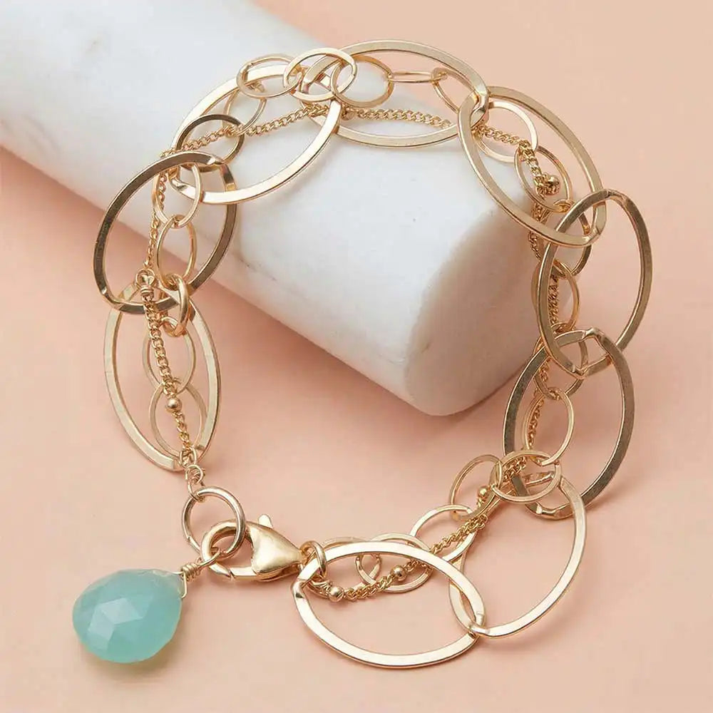Natural chalcedony woven chain bracelet in sterling silver, styled on chain necklace