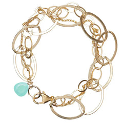 Natural chalcedony woven chain bracelet in 14K gold-fill, close-up of setting in