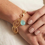 Natural chalcedony woven chain bracelet in sterling silver, close-up of setting in gold-fill