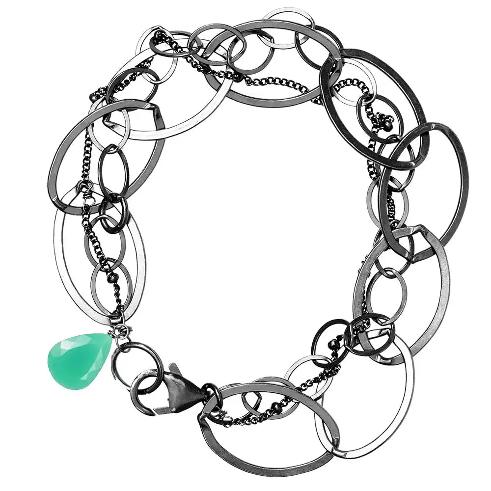 Natural chrysoprase woven chain bracelet in sterling silver, flat lay on neutral background sterling silver variant--Oxidized-sterling-silver