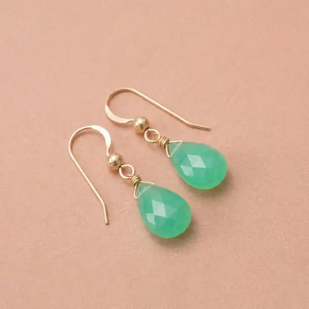 Modern earrings showcasing pale green chrysoprase. variant--Gold-fill, variant--Sterling-silver, variant--14K-yellow-gold, variant--14K-white-gold variant--Chrysoprase