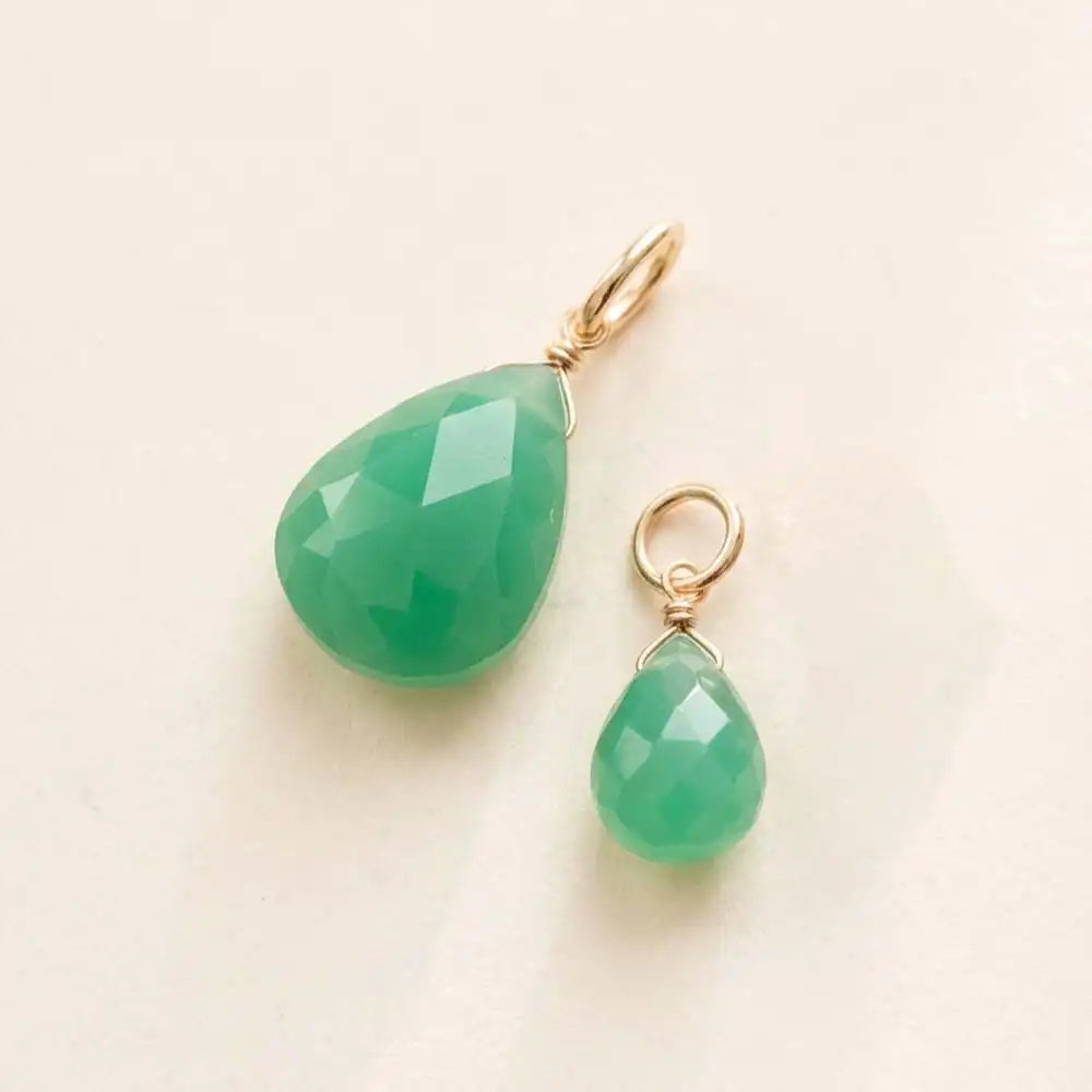 gold-fill-wrapped chrysoprase briolette charm in 6mm, ideal for meaningful gemstone jewelry.