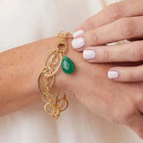 Natural chrysoprase woven chain bracelet in sterling silver, close-up of setting in gold-fill variant--Gold-fill variant--Sterling-silver variant--Chrysoprase
