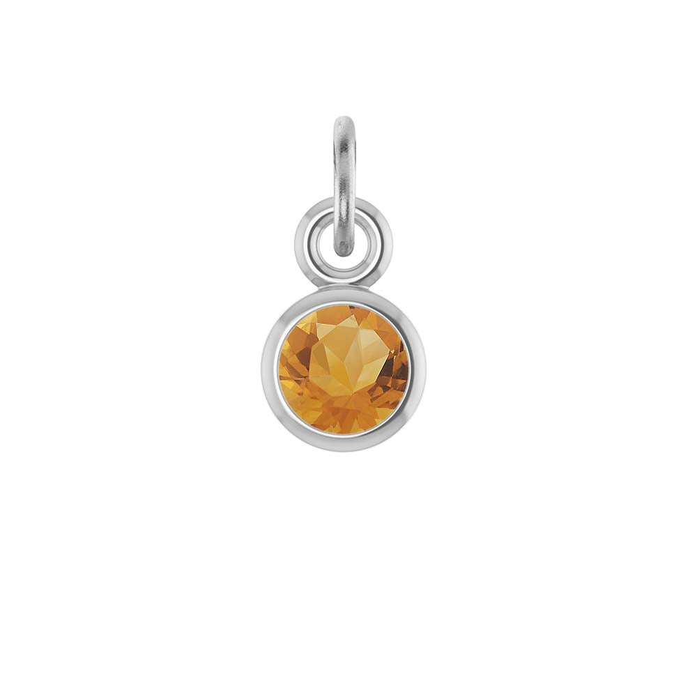 Citrine birthstone charm bezel-set in 14k white gold — sunny yellow November gemstone jewelry.
