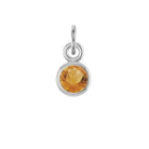 Citrine birthstone charm bezel-set in 14k white gold — sunny yellow November gemstone jewelry.