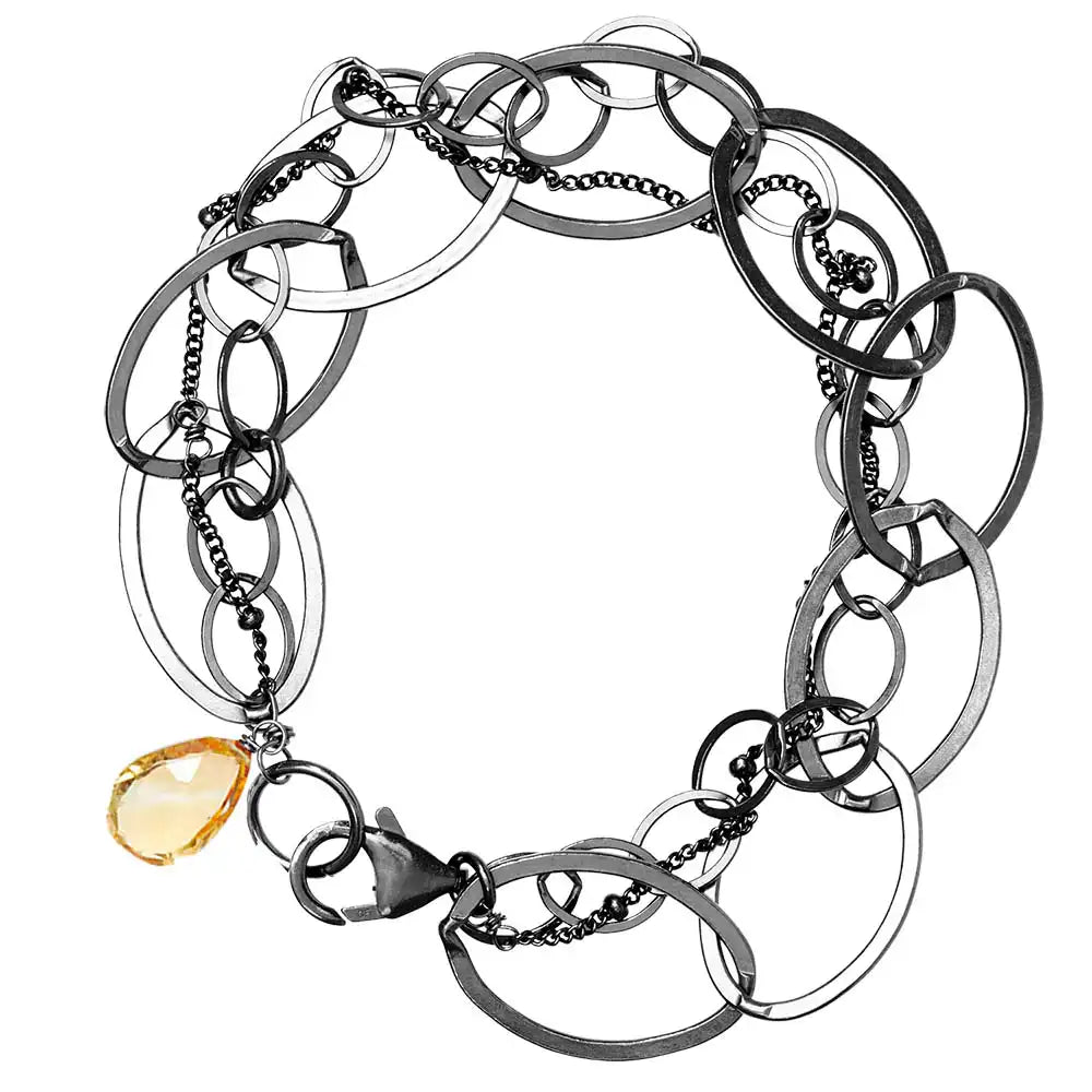 Natural citrine woven chain bracelet in sterling silver, flat lay on neutral background sterling silver variant--Oxidized-sterling-silver