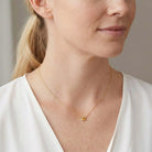 Bezel-set citrine necklace on model, layered at the collarbone variant--14K white gold