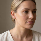 Citrine birthstone stud earrings on model, golden yellow studs at ear