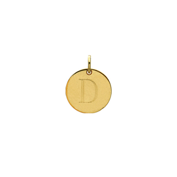 Engraved initial D disc charm in gold-fill, front view variant--D variant--Gold-fill