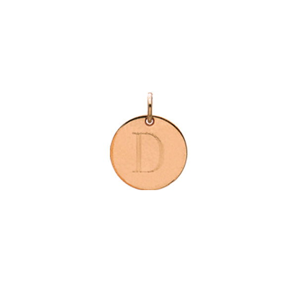 Engraved initial D disc charm in rose gold-fill, front view gold-fill variant--D variant--Rose-gold-fill