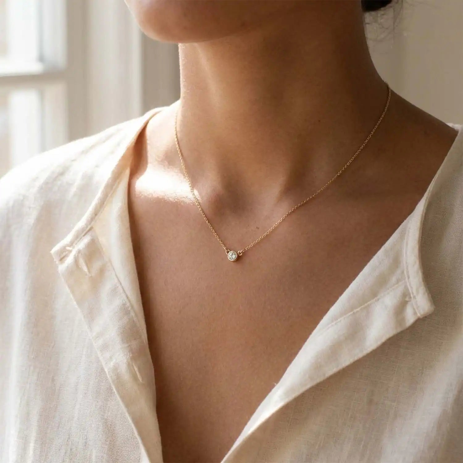 Bezel-set lab-created diamond necklace on model, layered at the collarbone variant--14K yellow gold
