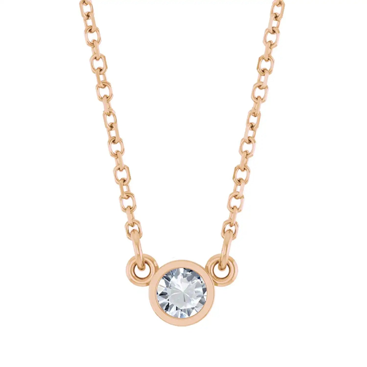 Bezel-set white sapphire birthstone necklace in 14K rose gold, product view variant--14K-rose-gold variant--White-Sapphire