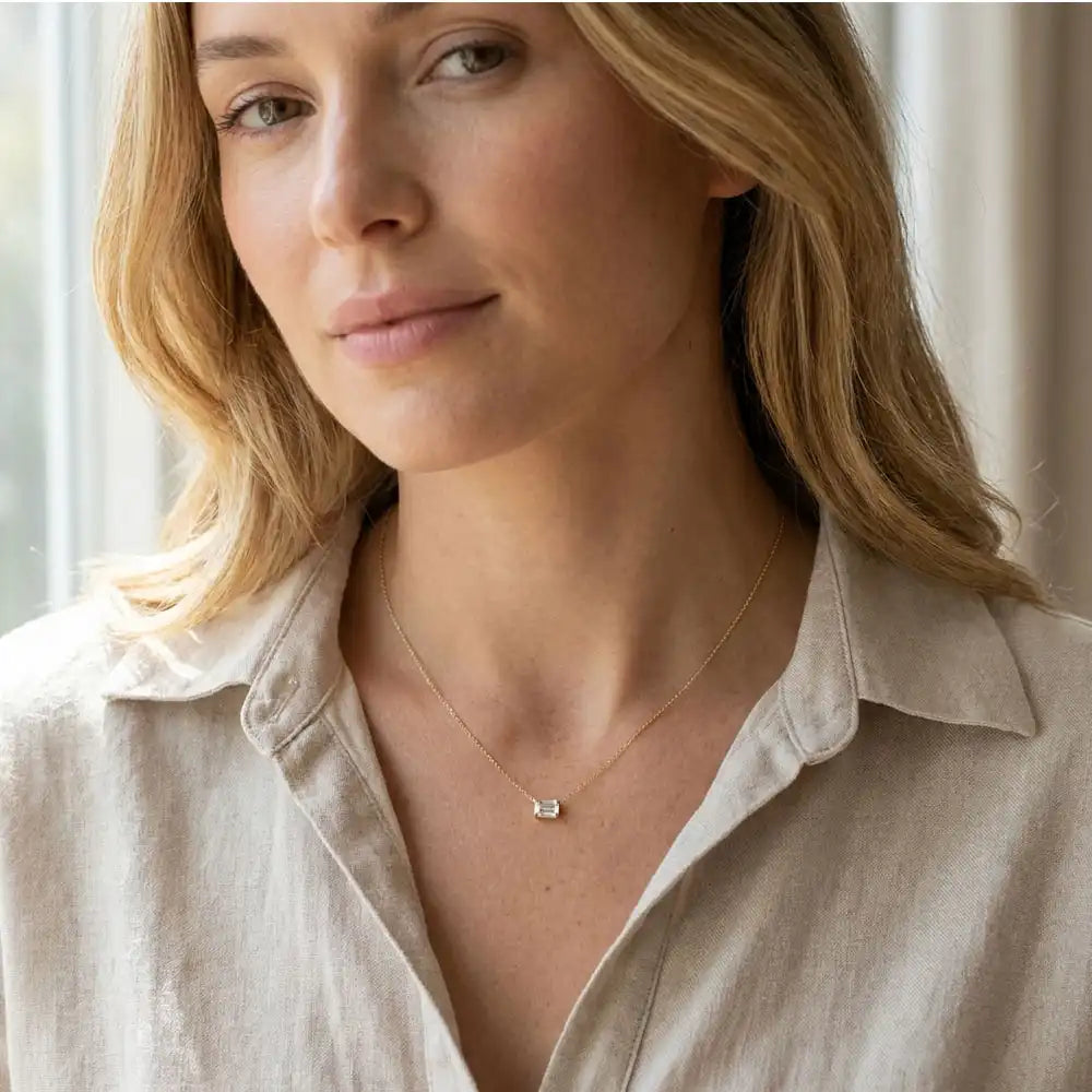 Minimalist birthstone necklace featuring a 5x3mm emerald shown on model variant-14K-yellow-gold variant-14K-white-gold variant-14K-rose-gold variant-Sterling-silver