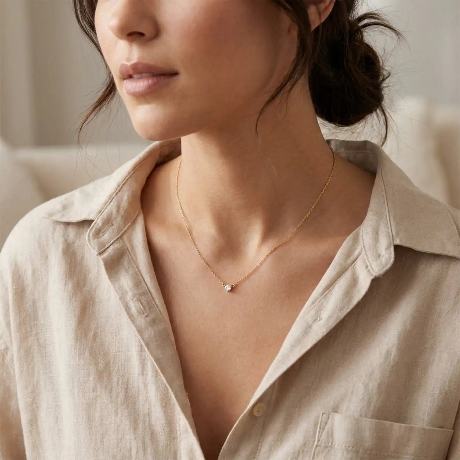 14K gold diamond necklace shown on model variant--14K-rose-gold,  variant--14K-yellow-gold,  variant--14K-white-gold, variant--Sterling-silver, variant--Diamond