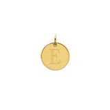 Engraved initial E disc charm in gold-fill, front view variant--E variant--Gold-fill