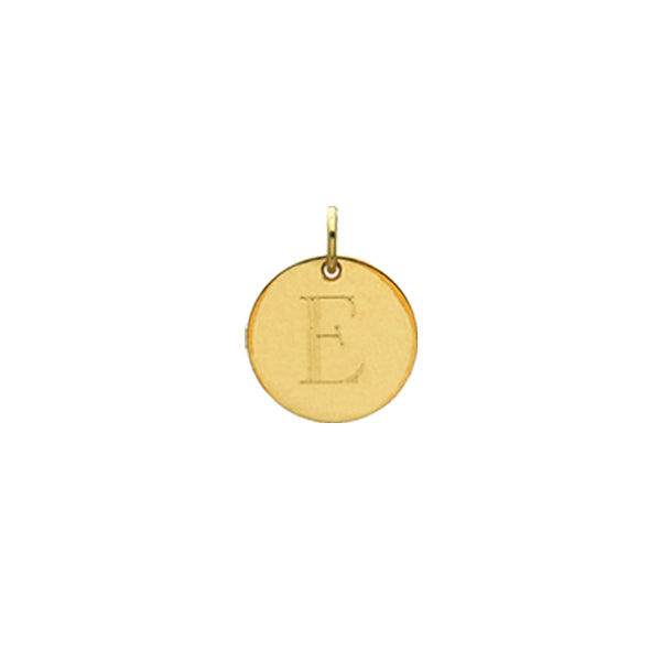 Engraved initial E disc charm in gold-fill, front view variant--E variant--Gold-fill