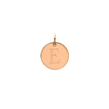 Engraved initial E disc charm in rose gold-fill, front view gold-fill variant--E variant--Rose-gold-fill