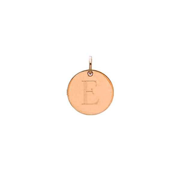 Engraved initial E disc charm in rose gold-fill, front view gold-fill variant--E variant--Rose-gold-fill