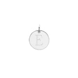 Engraved initial E disc charm in sterling silver, front view variant--E variant--Sterling-silver