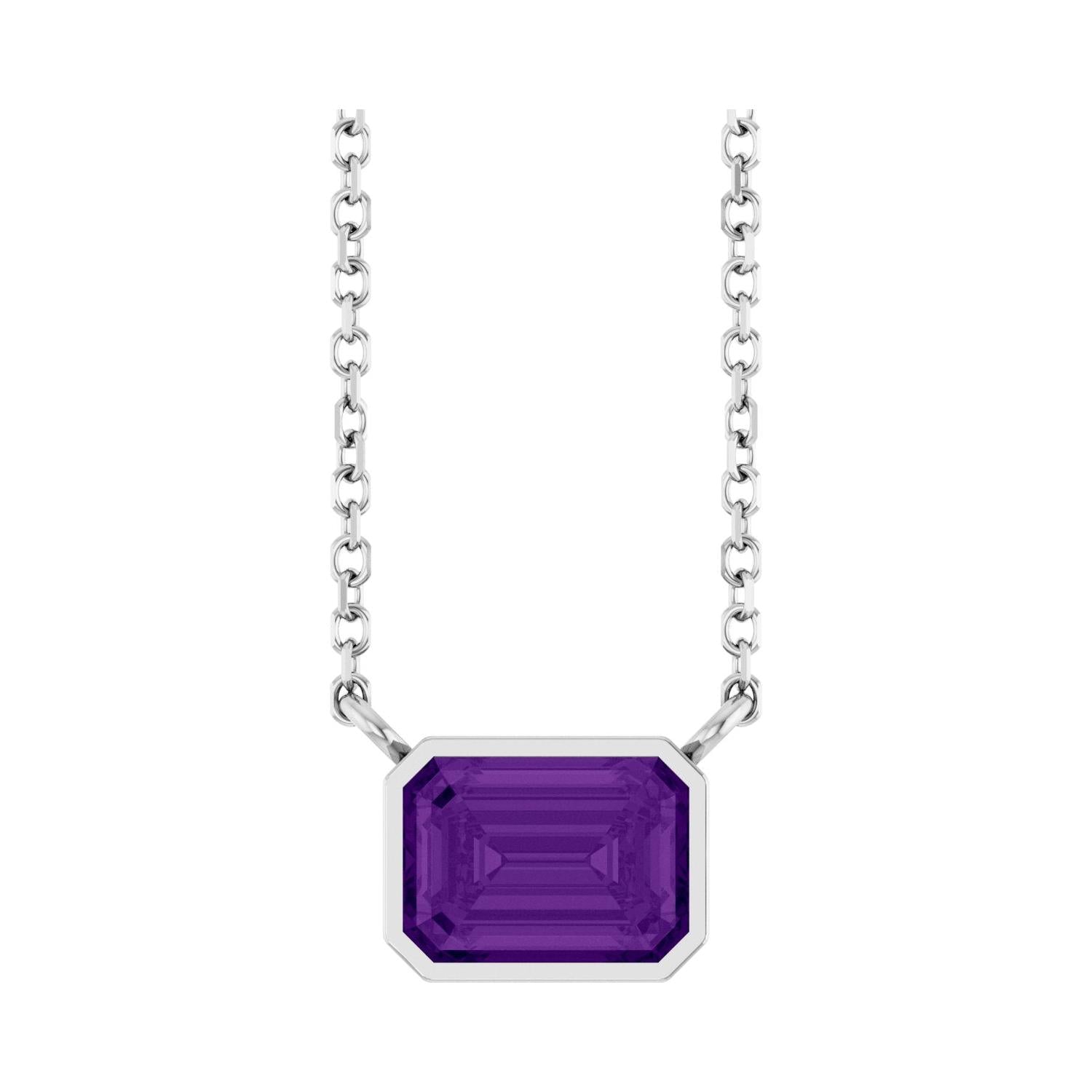 East west emerald-cut birthstone necklace with violet amethyst in 14K Yellow Gold — handmade in the USA variant--Amethyst variant--Sterling-silver variant--14K-white-gold