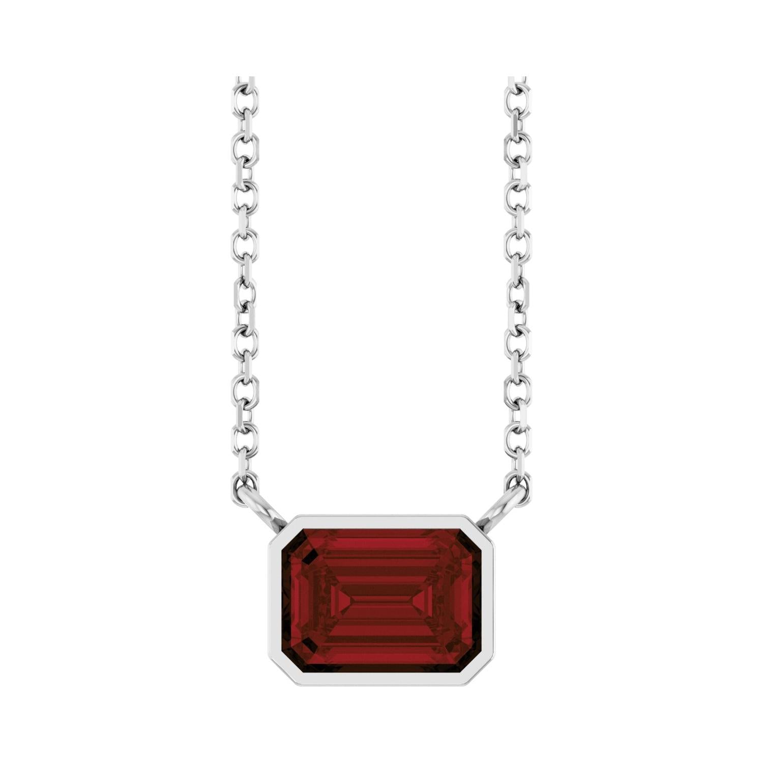 East west emerald-cut birthstone necklace with deep red garnet in 14K White Gold — handmade in the USA variant--Garnet variant--Sterling-silver variant--14K-white-gold