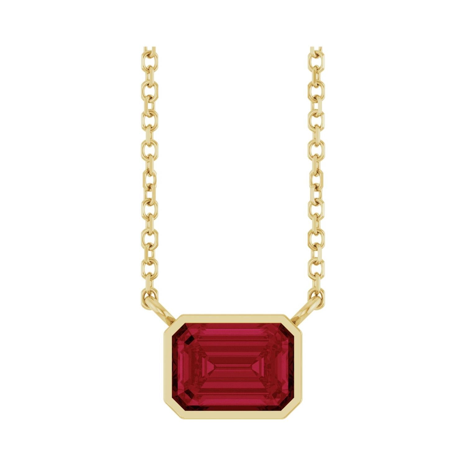 Emerald-cut lab ruby necklace in 14K yellow gold, east-west set on delicate chain variant--Ruby variant--14K-yellow-gold