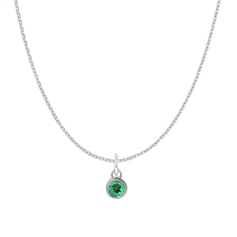 Natural emerald birthstone charm necklace in 14K white gold, bezel-set pendant on cable chain, product shot variant--14K-white-gold variant--Emerald