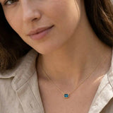 Modern handcrafted London Topaz pendant necklace shown on model variant--14K-yellow-gold variant--14K-white-gold variant--14K-rose-gold variant--Sterling-silver variant--London-topaz
