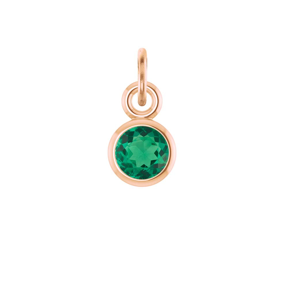 Emerald birthstone charm bezel-set in 14k rose gold — vibrant May gemstone jewelry gift.