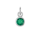 Emerald birthstone charm bezel-set in 14k white gold — vivid green May gemstone jewelry.