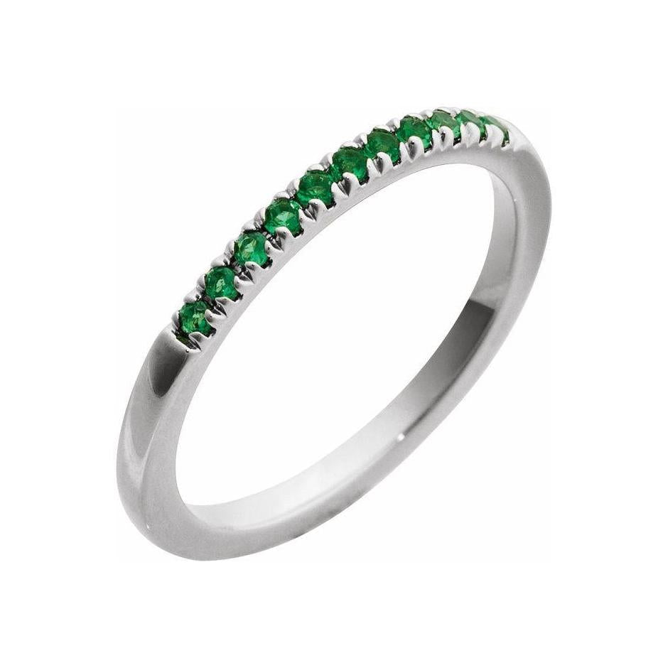 Handcrafted stackable ring in 14K white gold, adorned with a subtle lab-created emerald gem. variant--14K-white-gold