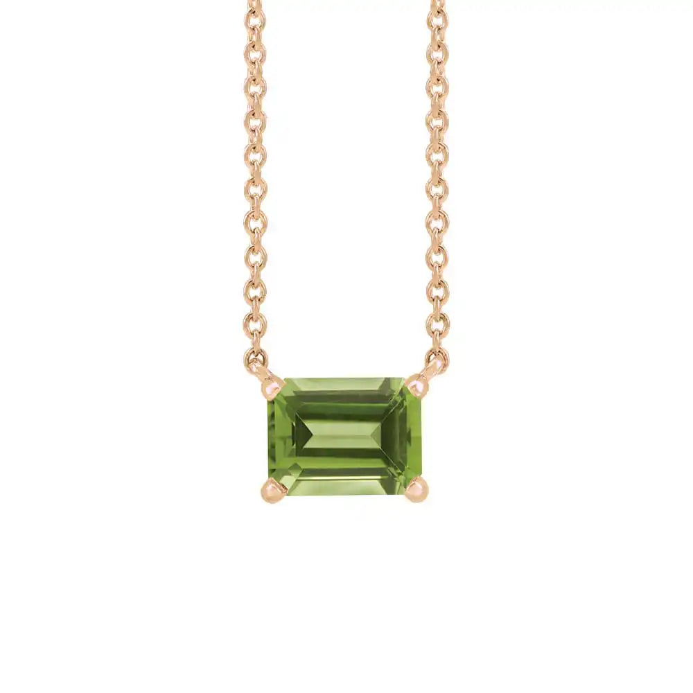 Handcrafted vertical peridot gemstone necklace in polished 14K rose gold—a modern birthstone keepsake variant--14K-rose-gold variant--Peridot