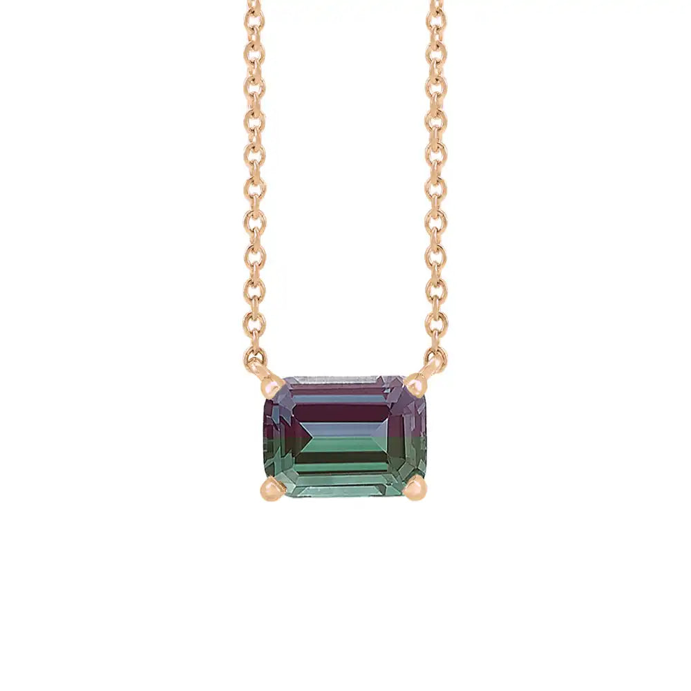 Emerald-cut alexandrite birthstone necklace set in 14K rose gold with vertical minimalist pendant design variant--14K-rose-gold variant--Alexandrite