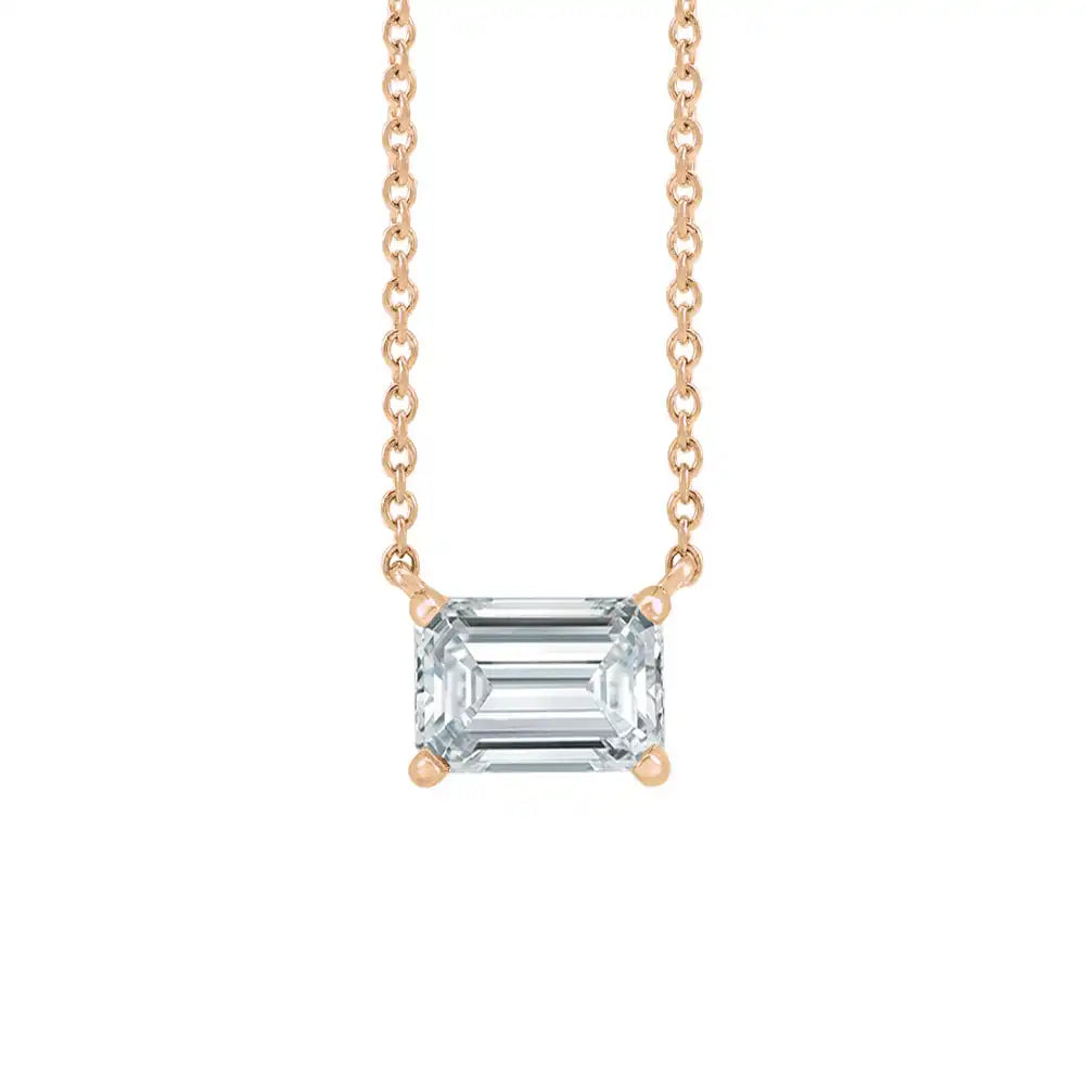 Emerald-cut white sapphire birthstone necklace set in 14K rose gold with vertical minimalist pendant design variant--14K-rose-gold variant--White-sapphire