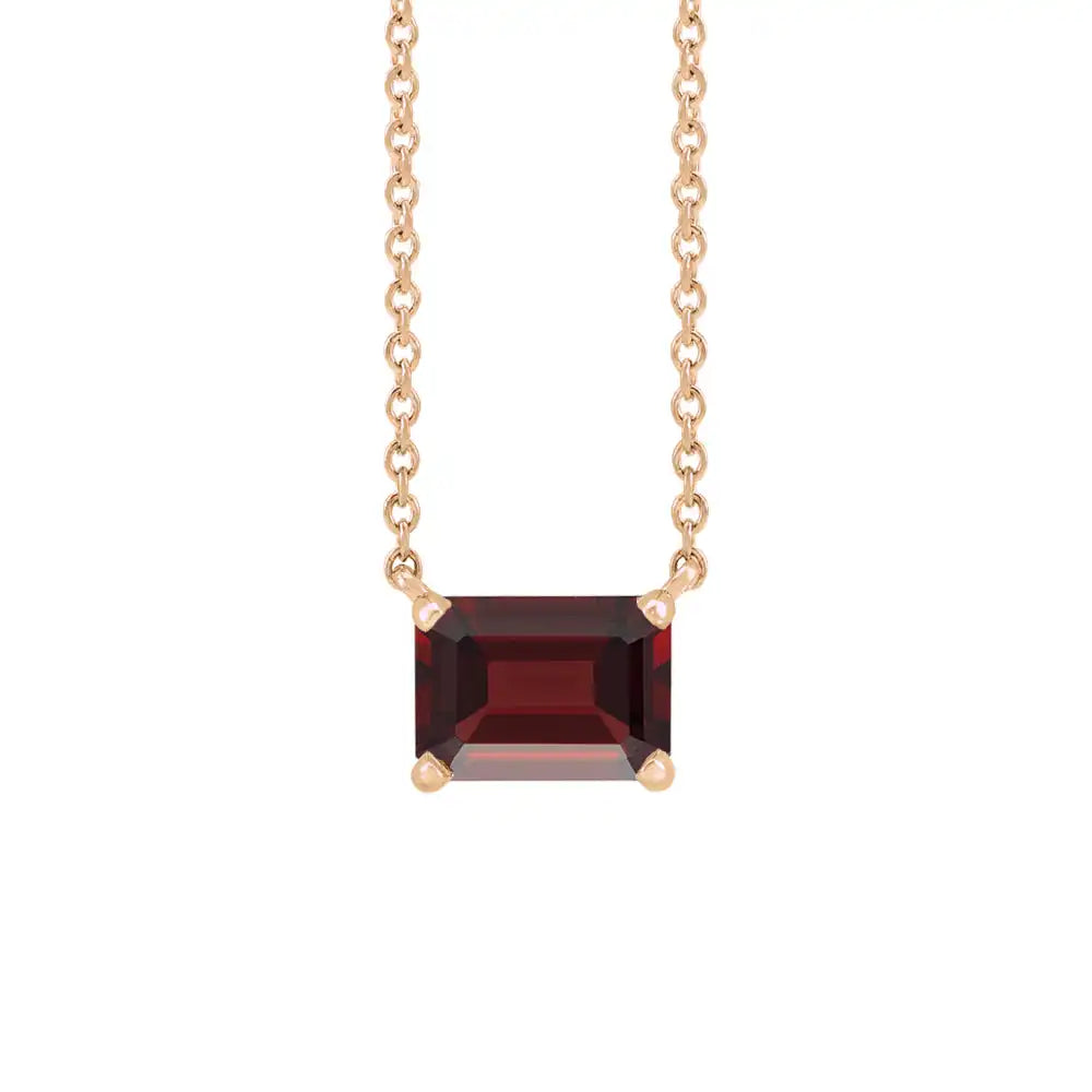 Emerald-cut garnet birthstone necklace set in 14K rose gold with vertical minimalist pendant design variant--14K-rose-gold variant--garnet